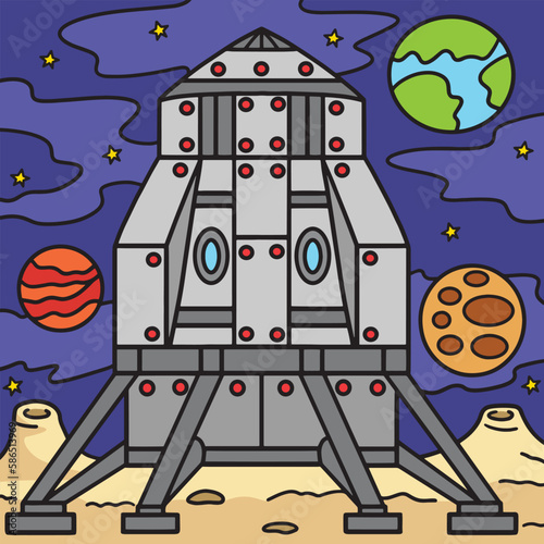 Lunar Lander on the Moon Colored Cartoon