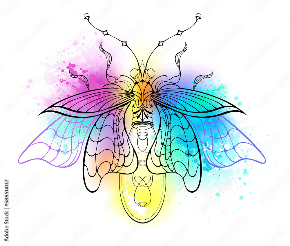 Fototapeta premium Contour firefly on watercolor background with grunge
