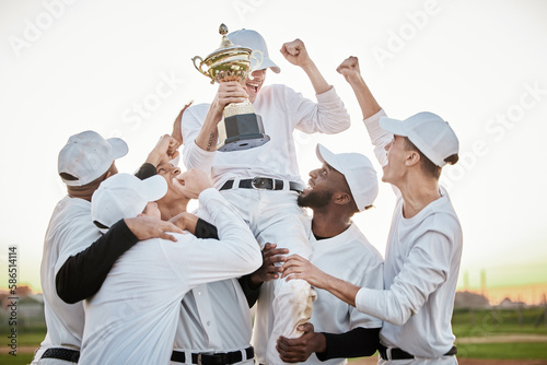 Fototapeta Naklejka Na Ścianę i Meble -  Baseball player, trophy and men winning competition, game or sports goals, success and victory award. Happy group of people or winner celebration, fist pump and achievement congratulations together