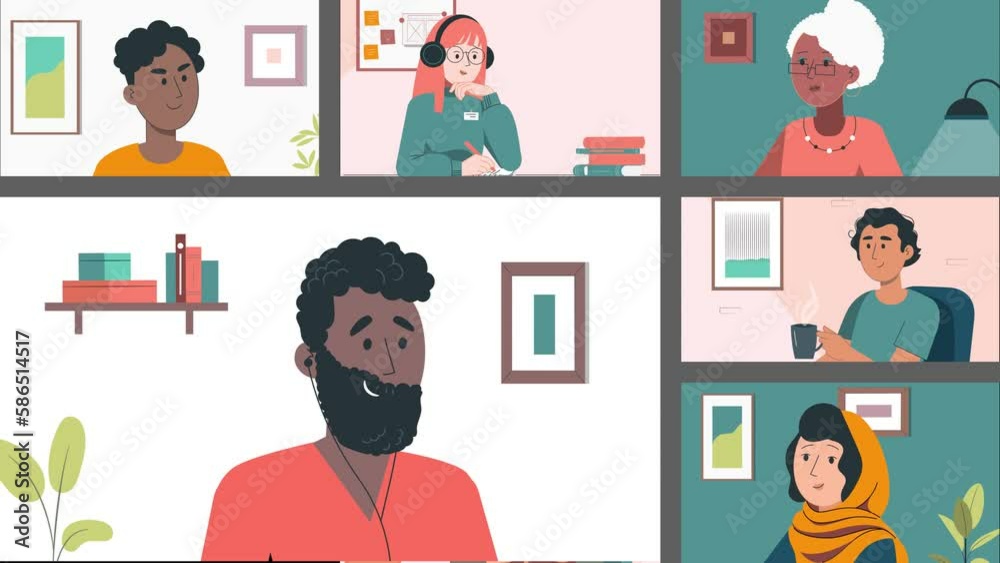Online group conference video call of six diverse people. Distance education,learning concept. Coronavirus, social distancing. 2d flat animation.
