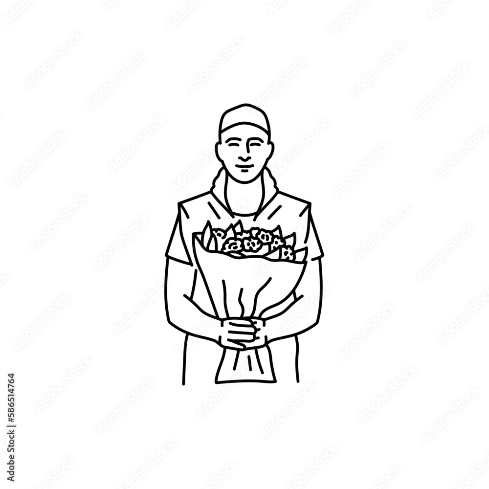 Courier with bouquet of flowers black line icon. Pictogram for web page Courier with bouquet of flowers black line icon. Pictogram for web page