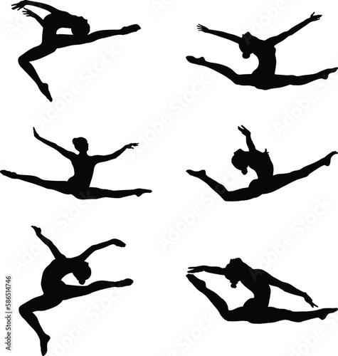 set group gymnast girl doing split leap exercise in artistic gymnastics black silhouette on white background, sports vector illustration