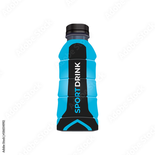 Realistic sport drink bottle in blue and black color packaging, vector illustration in trendy flat 3d design style. Popular world sport drink with blue raspberry. Editable graphic resources.
