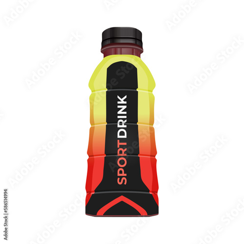 Realistic sport drink bottle in green red black color packaging, vector illustration in trendy flat 3d design style. Popular world sport drink with watermelon strawberry. Editable graphic resources.