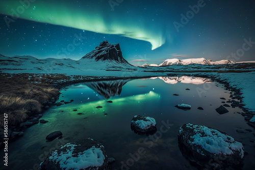 Transcendent Beauty: Mesmerizing Aurora Borealis in a Dramatic Arctic Landscape, ai generative © larrui
