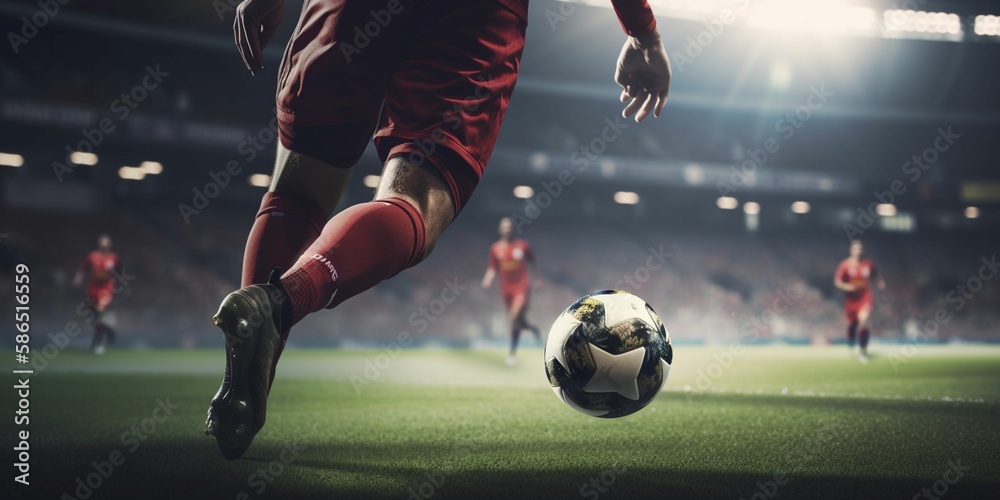 a soccer player kicking a soccer ball inside a stadium, Generative IA - obrazy, fototapety, plakaty 
