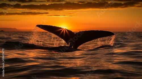Serene Whale Tail Floating in Golden Sunlit Water - Generative AI © aiArtDesign