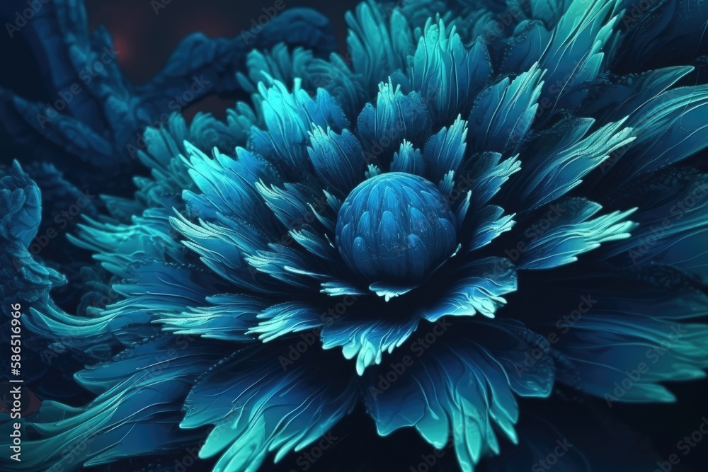 vibrant blue flower in macro view on a dark black background. Generative AI vibrant blue flower in macro view on a dark black background. Generative AI