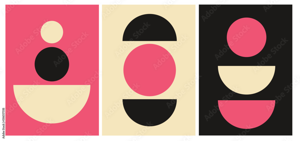 collection of modern simple artistic abstraction posters with geometric shapes on colored backgrounds: yellow, pink, black. bauhaus style