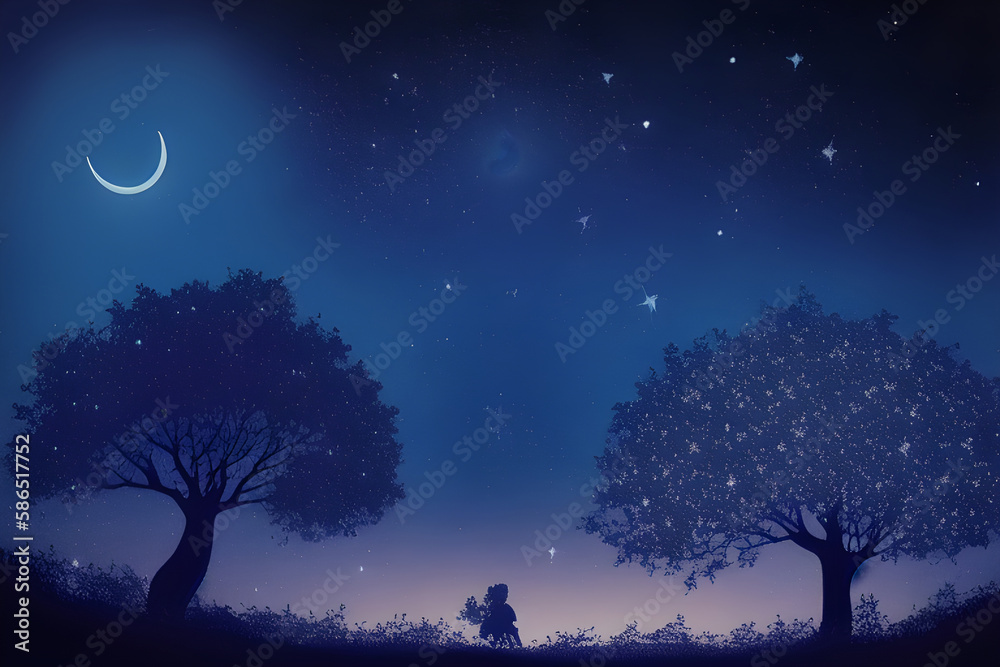 Night landscape with trees and glowing moon Night landscape with trees and glowing moon