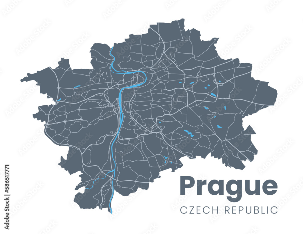 Detailed map of Prague - the capital of Czech Republic - Urban borders map. Dark fill version of Praha City poster with streets and Vltava River.