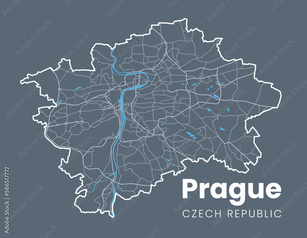 Detailed map of Prague - the capital of Czech Republic - Urban borders map. Light stroke version on dark background of Praha City poster with streets and Vltava River.