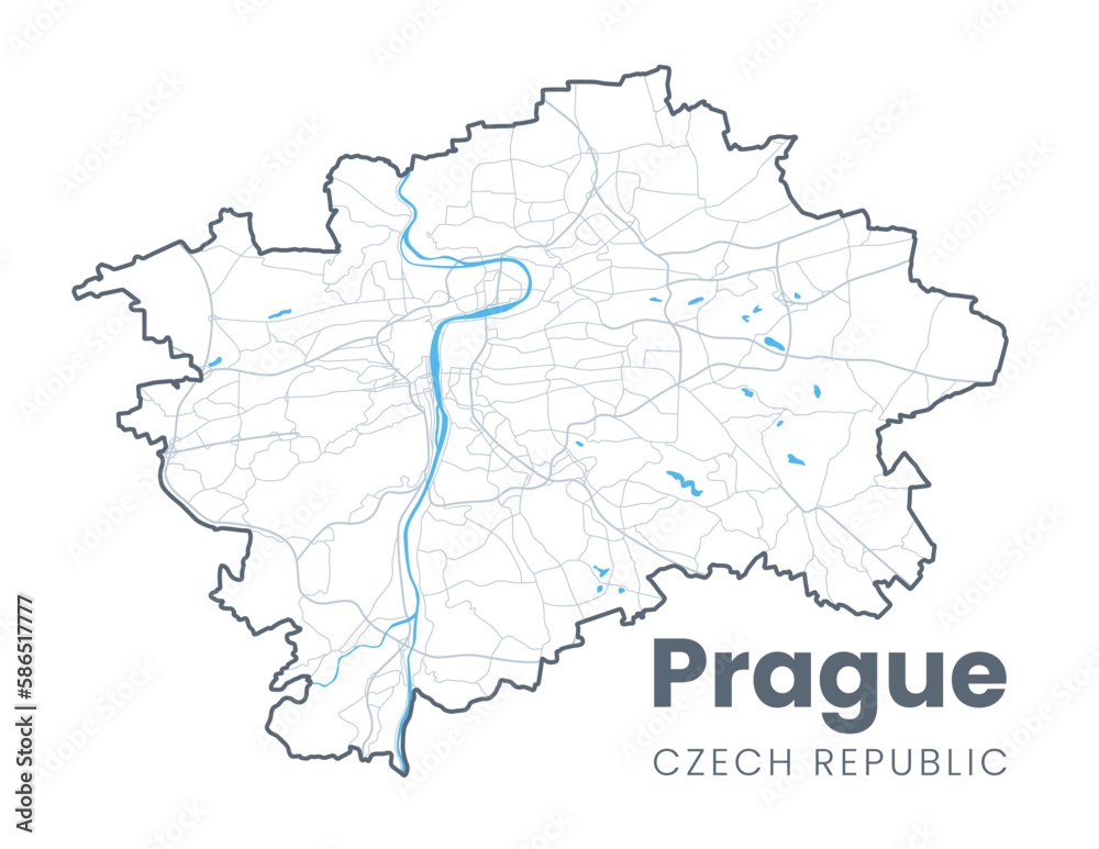 Detailed map of Prague - the capital of Czech Republic - Urban borders map. Light stroke version of Praha City poster with streets and Vltava River.