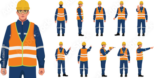 set of industrial worker on blue uniform characters in white background photo