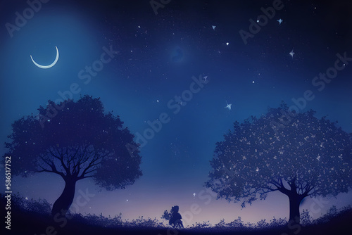 Night landscape with trees and glowing moon