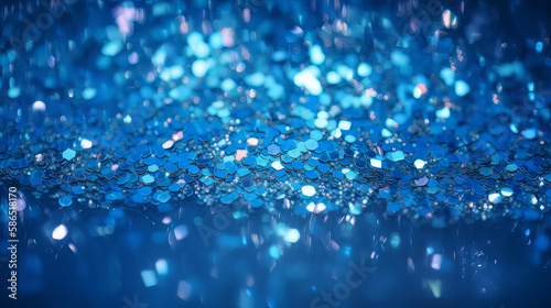 Abstract background of blue glitter lights. De-focused background. Banner size 
