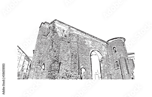 Building view with landmark of 
Port of Ravenna is the seaport in Italy.  Hand drawn sketch illustration in vector.