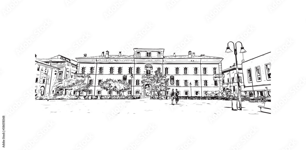 Building view with landmark of 
Port of Ravenna is the seaport in Italy.  Hand drawn sketch illustration in vector.