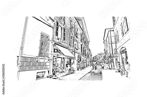 Building view with landmark of 
Port of Ravenna is the seaport in Italy.  Hand drawn sketch illustration in vector.