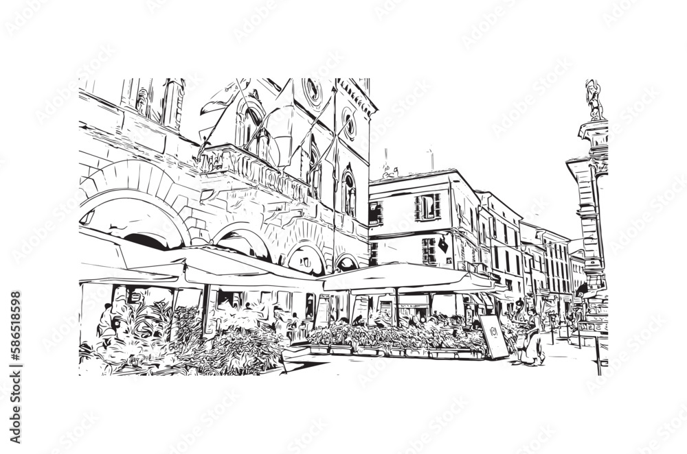 Building view with landmark of 
Port of Ravenna is the seaport in Italy.  Hand drawn sketch illustration in vector.