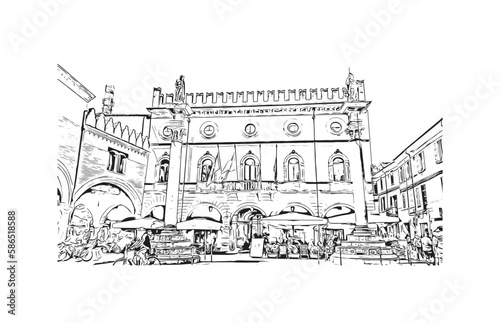 Building view with landmark of 
Port of Ravenna is the seaport in Italy.  Hand drawn sketch illustration in vector.