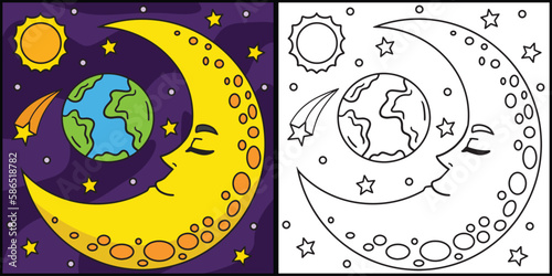 Sleeping Crescent Moon Coloring Page Illustration