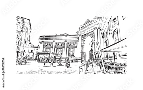 Building view with landmark of 
Port of Ravenna is the seaport in Italy.  Hand drawn sketch illustration in vector.