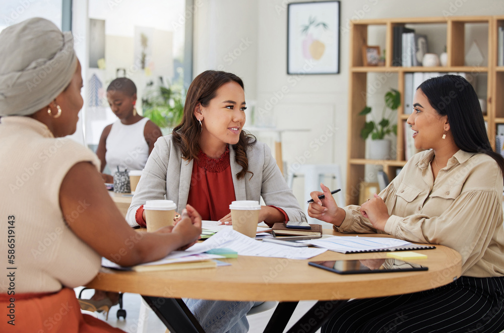 Meeting, planning and business women in the office for strategy while talking company growth or development. Collaboration, diversity and research with a woman employee team working on a project