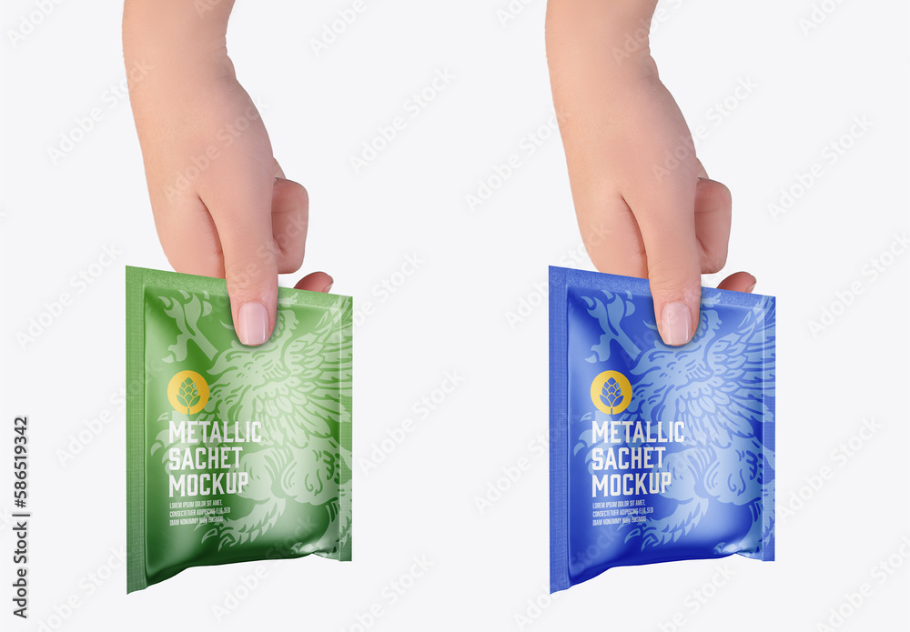 Metallic Sachet with Hand Mockup Stock Template | Adobe Stock