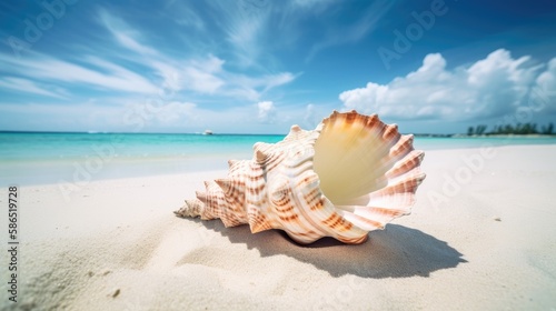 Conch shell on a sandy beach with the ocean in the background. Generative AI