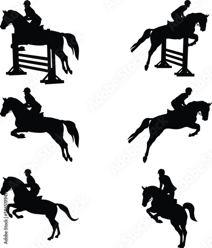 set group equestrian sport women and men rider in horse black silhouette on white background, sports vector illustration