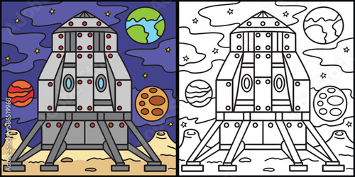 Lunar Lander on the Moon Coloring Illustration