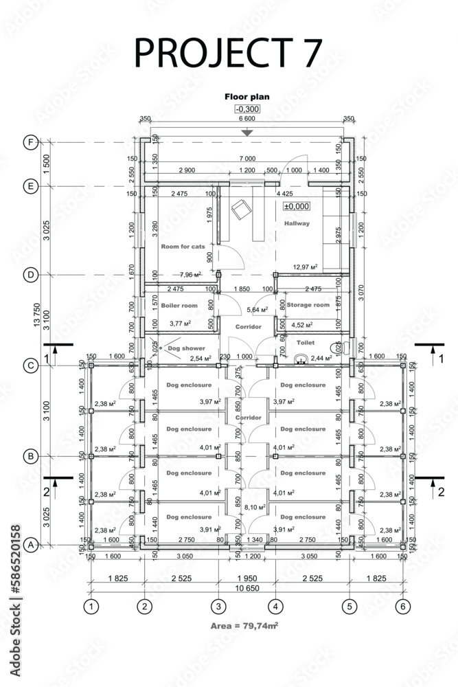 Vector architectural project of pet boarding or hotel with enclosures