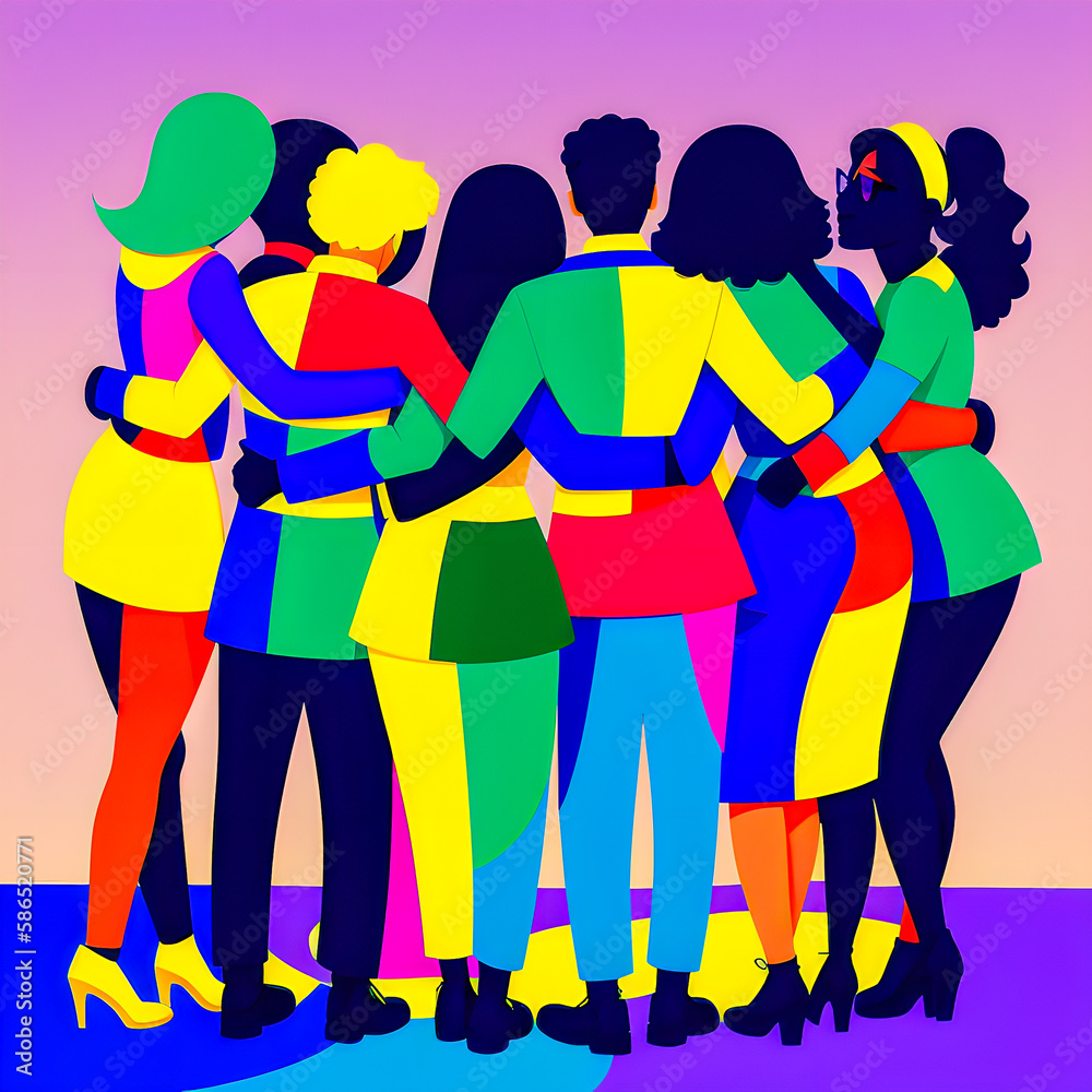 Group of abstract diverse people. Friends or colleagues stand, hug, pose together. The concept of peace between different nations. Teamwork, togetherness, friendship. colorful vector illustration Group of abstract diverse people. Friends or colleagues stand, hug, pose together. The concept of peace between different nations. Teamwork, togetherness, friendship. colorful vector illustration