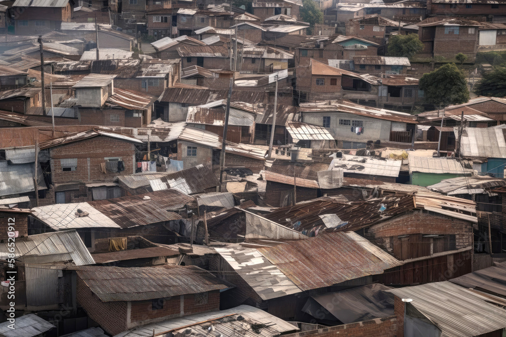 Slums with poor houses. Concept of poverty and destitution in society. Created with Generative AI technology.