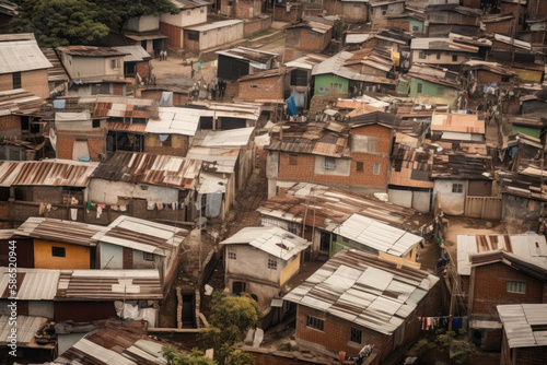 Slums with poor houses. Concept of poverty and destitution in society. Created with Generative AI technology. © Yuliia