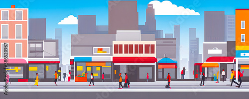 Wide city panorama with pedestrians  cyclists  buildings  trees and road. People are walking down the street. Horizontal cityscape. Scene with townspeople  world concept. Flat vector illustration