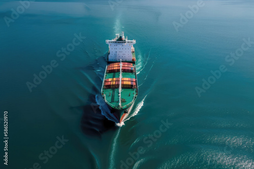 Aerial view of cargo ship transports containers by sea. Shipping containers cargo. Logistics, import and export. Created with Generative AI technology.