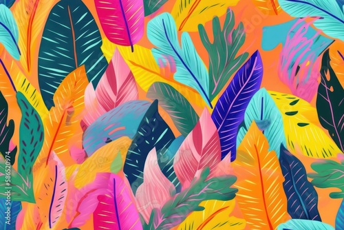 Seamless pattern tropical background, illustration of exotic summer leaf and plants in vivid colorful colors, flat lay. Generative AI.