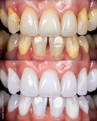Professional teeth whitening and cleaning, before and after results. Created with Generative AI technology.