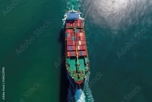 Aerial view of cargo ship transports containers by sea. Shipping containers cargo. Logistics, import and export. Created with Generative AI technology.