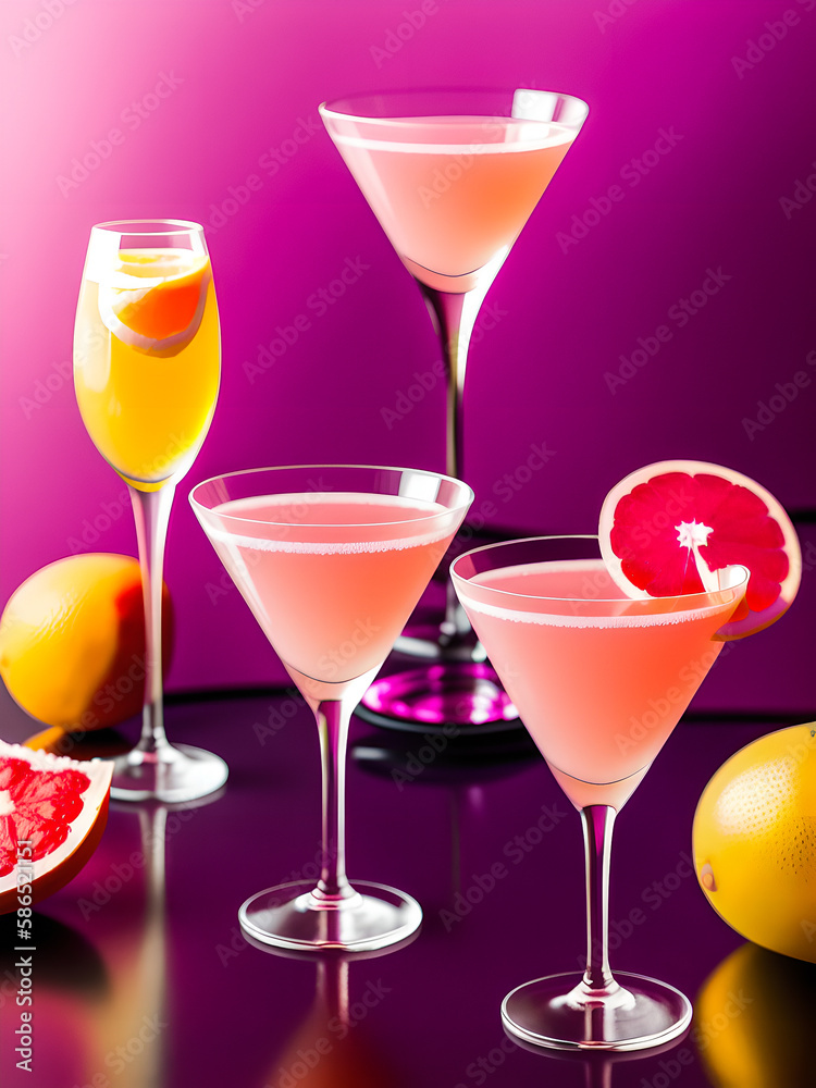 realistic illustration of a fresh orange cocktail in a glass on a pink background with grapefruit slices around. Bar concept. Non-alcoholic fruit cocktail with vitamins. Aperitif or breakfast