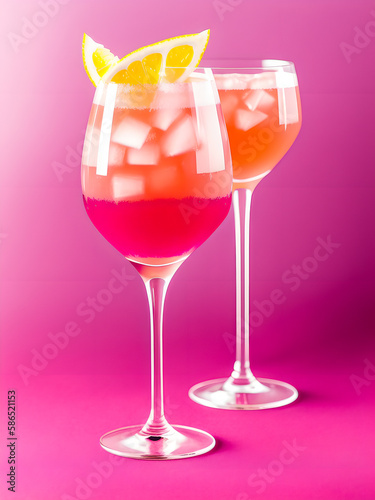 realistic illustration of a fresh orange cocktail in a glass on a pink background with grapefruit slices around. Bar concept. Non-alcoholic fruit cocktail with vitamins. Aperitif or breakfast