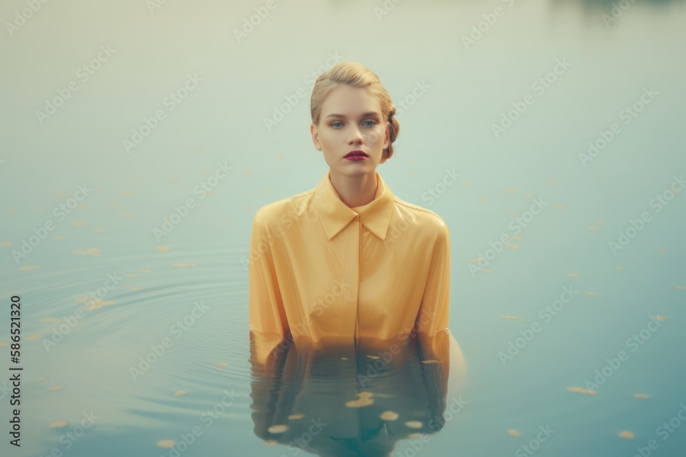 Fototapeta premium Young beautiful modern fashion girl in retro styling, elegant woman standing in warm calm lake. Gloomy colors of water in the morning landscape. Generative AI.