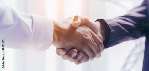 Businessmen engaging in a handshake, representing a gesture of greeting and a sign of a potential business deal. Business cooperation, mergers and acquisitions finance, and investment background
