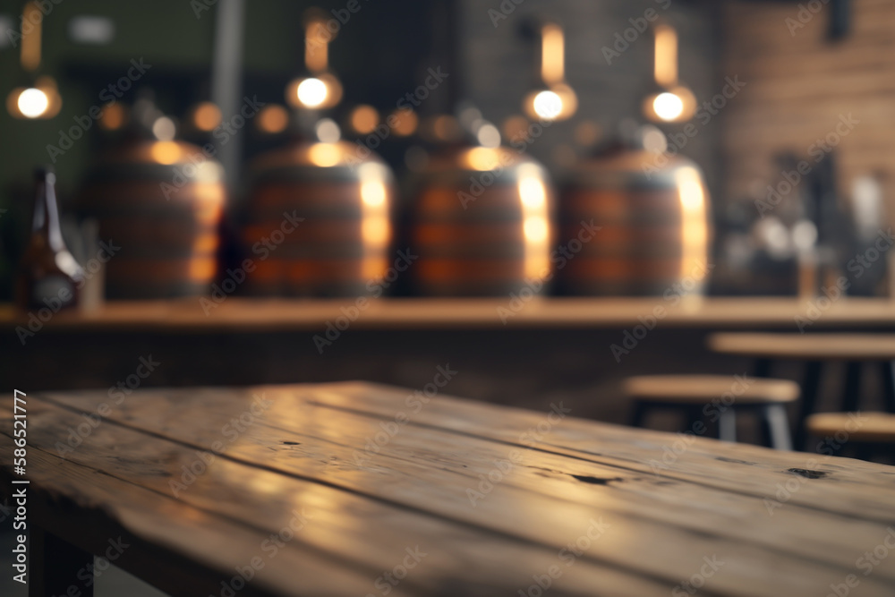 Wooden table for product display in hop field, generative AI Wooden table for product display in hop field, generative AI