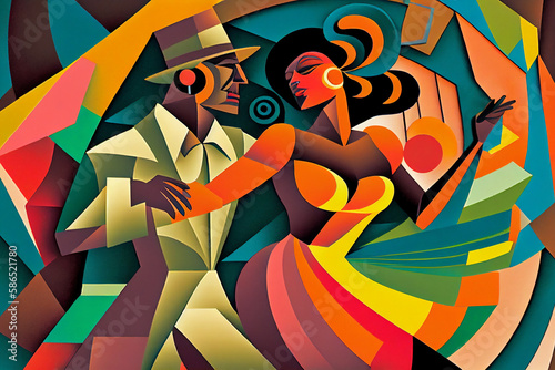 Latin American Hispanic male and female couple dancing the ballroom Calypso dance shown in an abstract cubist style painting for a poster or flyer, computer Generative AI stock illustration image photo