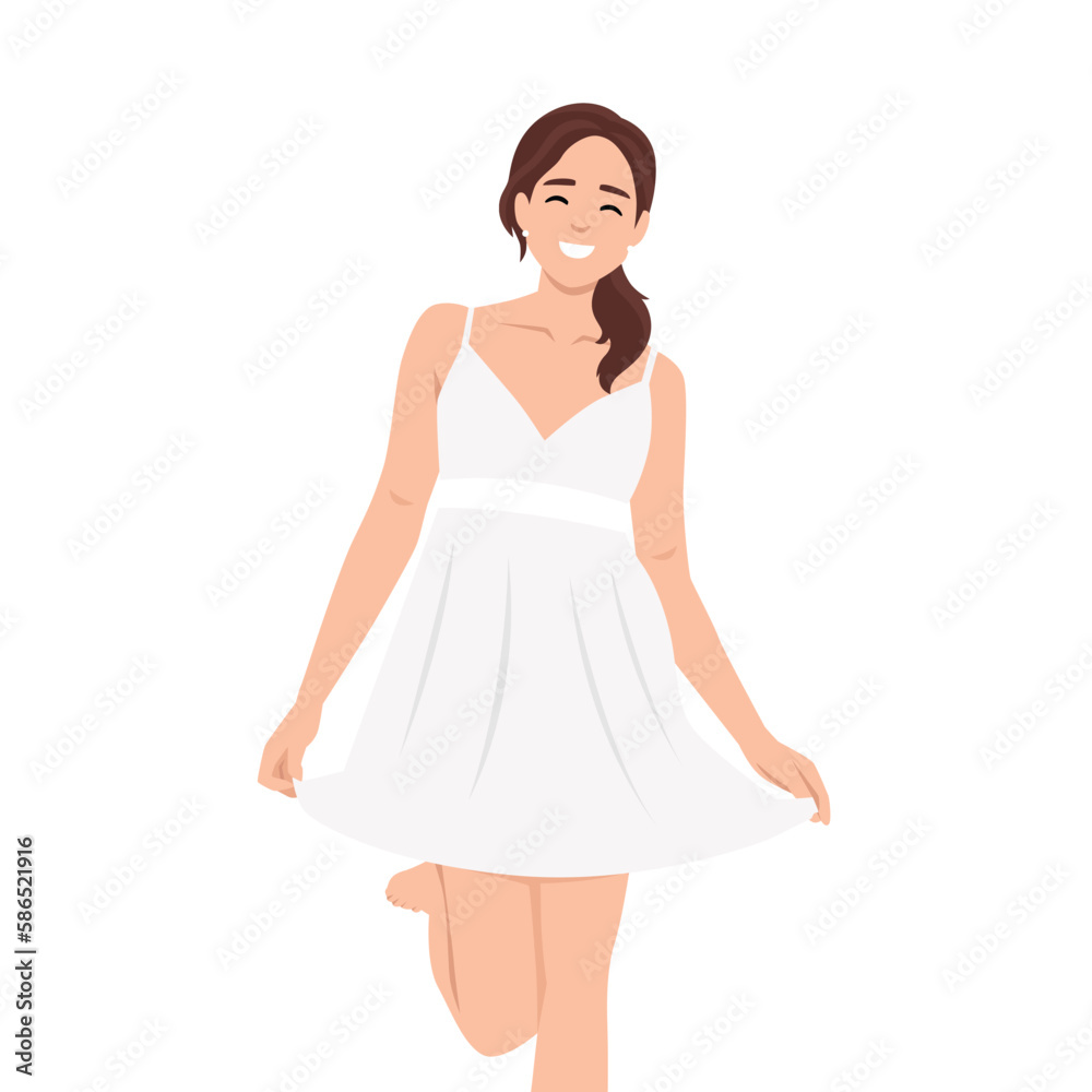 Beautiful Smiling Female Model in white short dress vector illustration Fashion Woman Wearing white Pajama Dress Beautiful Smiling Female Model in white short dress vector illustration Fashion Woman Wearing white Pajama Dress