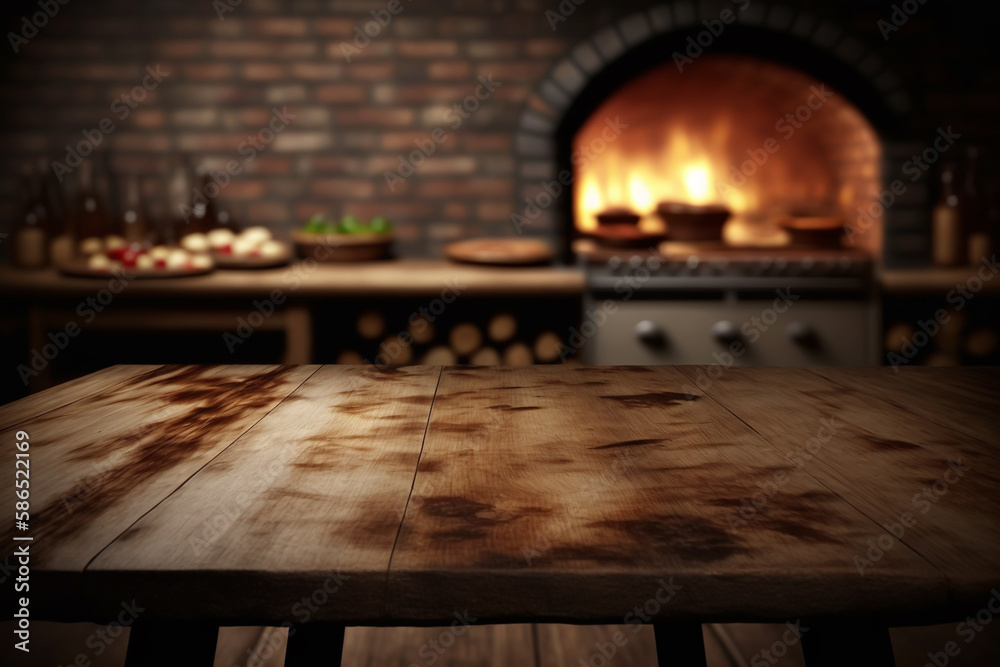 Wooden table for product pizza display, pizza oven, generative AI