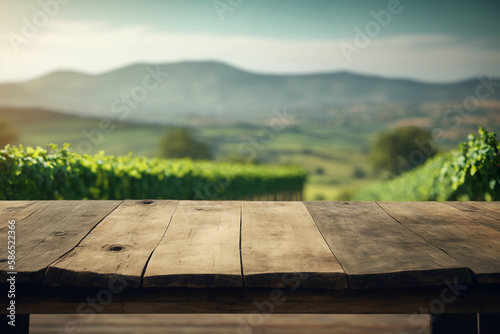 Wooden table for product display in hop field, generative AI © aamulya